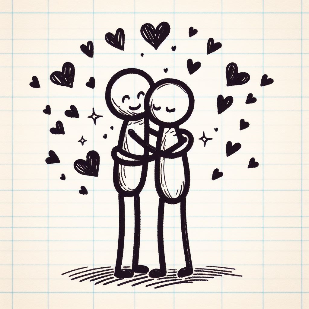 Stick figures hugging each other.